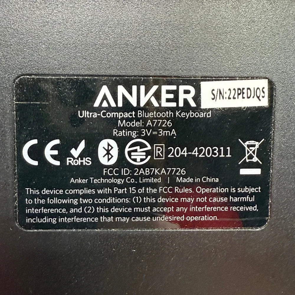 ANKER Ultra Compact Bluetooth Keyboard‎ Model A7726 Black Wireless Works